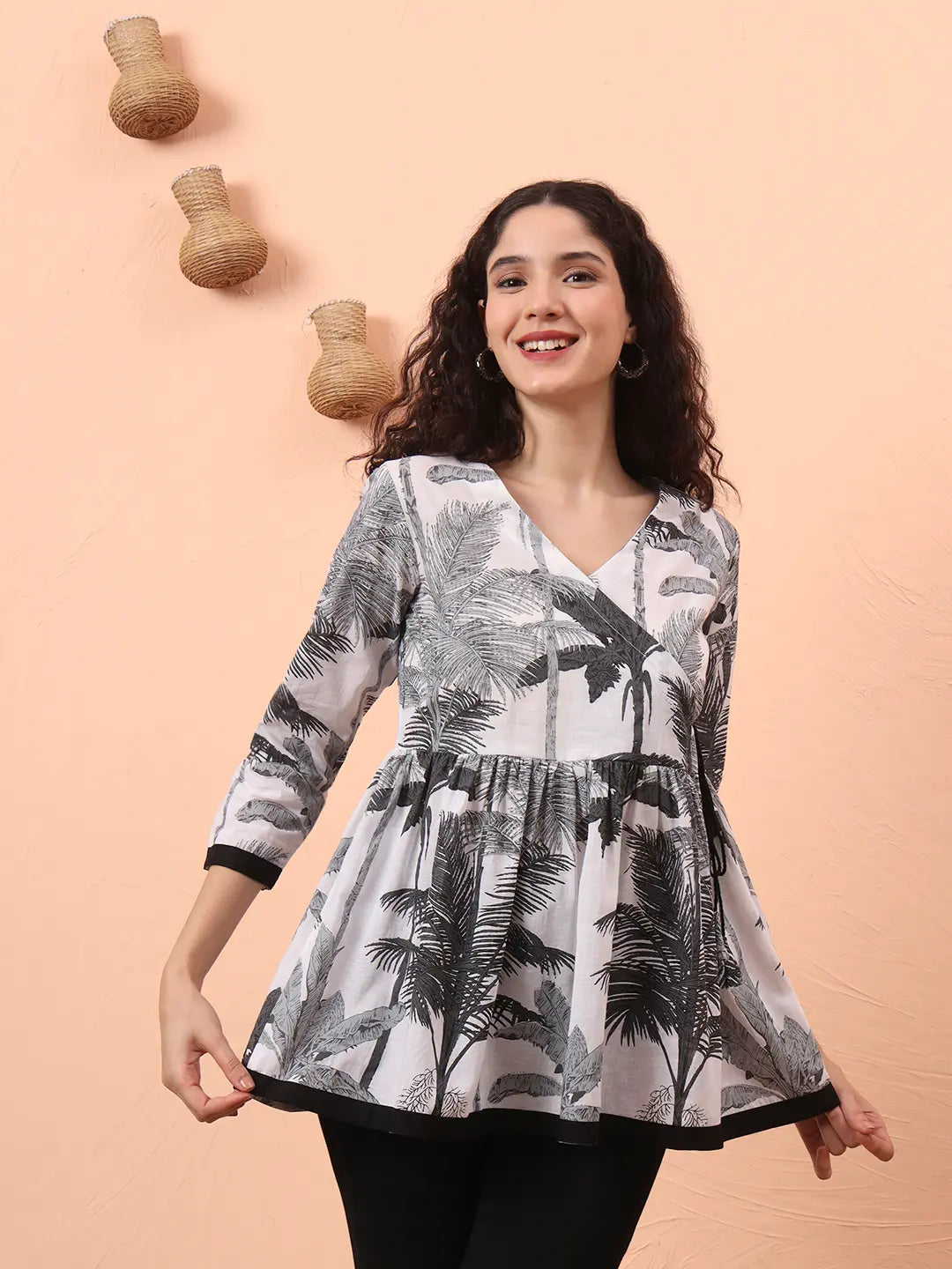 Yufta Black And White Cotton Gathered Or Pleated Angrakha Top