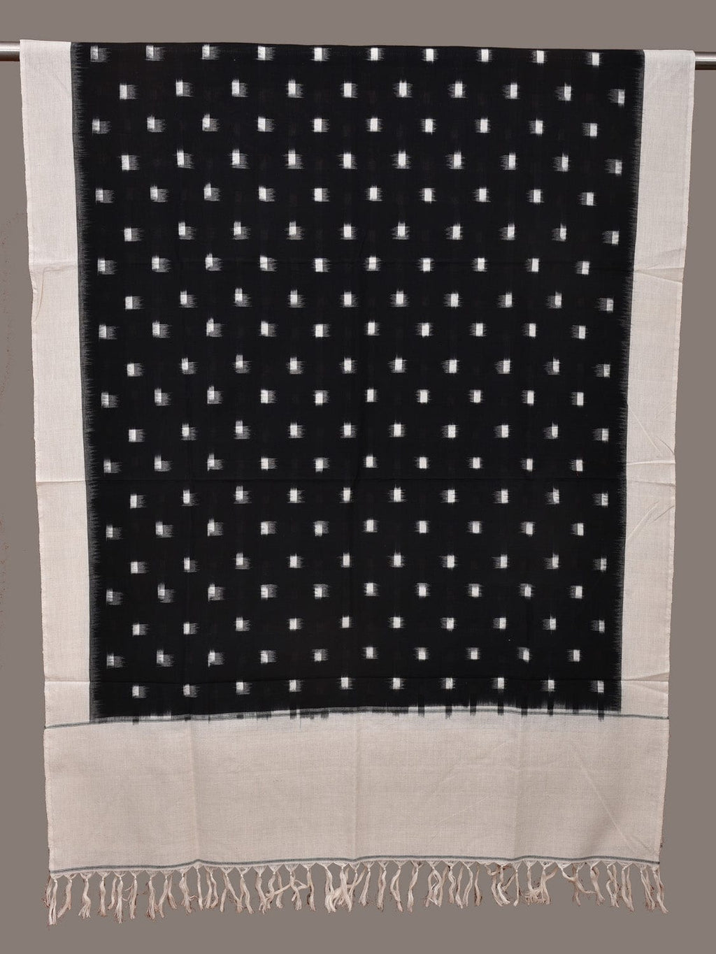 Black and White Pochampally Ikat Cotton Handloom Dupatta with Dots Design - Global Threads