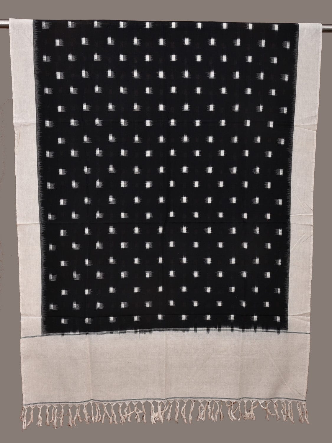 Black and White Pochampally Ikat Cotton Handloom Dupatta with Dots Design - Global Threads