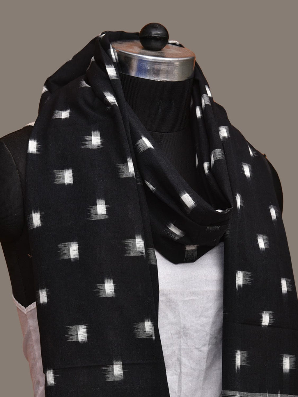 Black and White Pochampally Ikat Cotton Handloom Dupatta with Dots Design - Global Threads