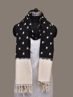 Black and White Pochampally Ikat Cotton Handloom Dupatta with Dots Design - Global Threads