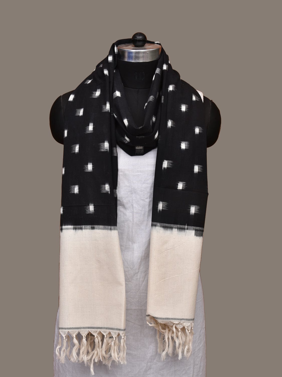 Black and White Pochampally Ikat Cotton Handloom Dupatta with Dots Design - Global Threads