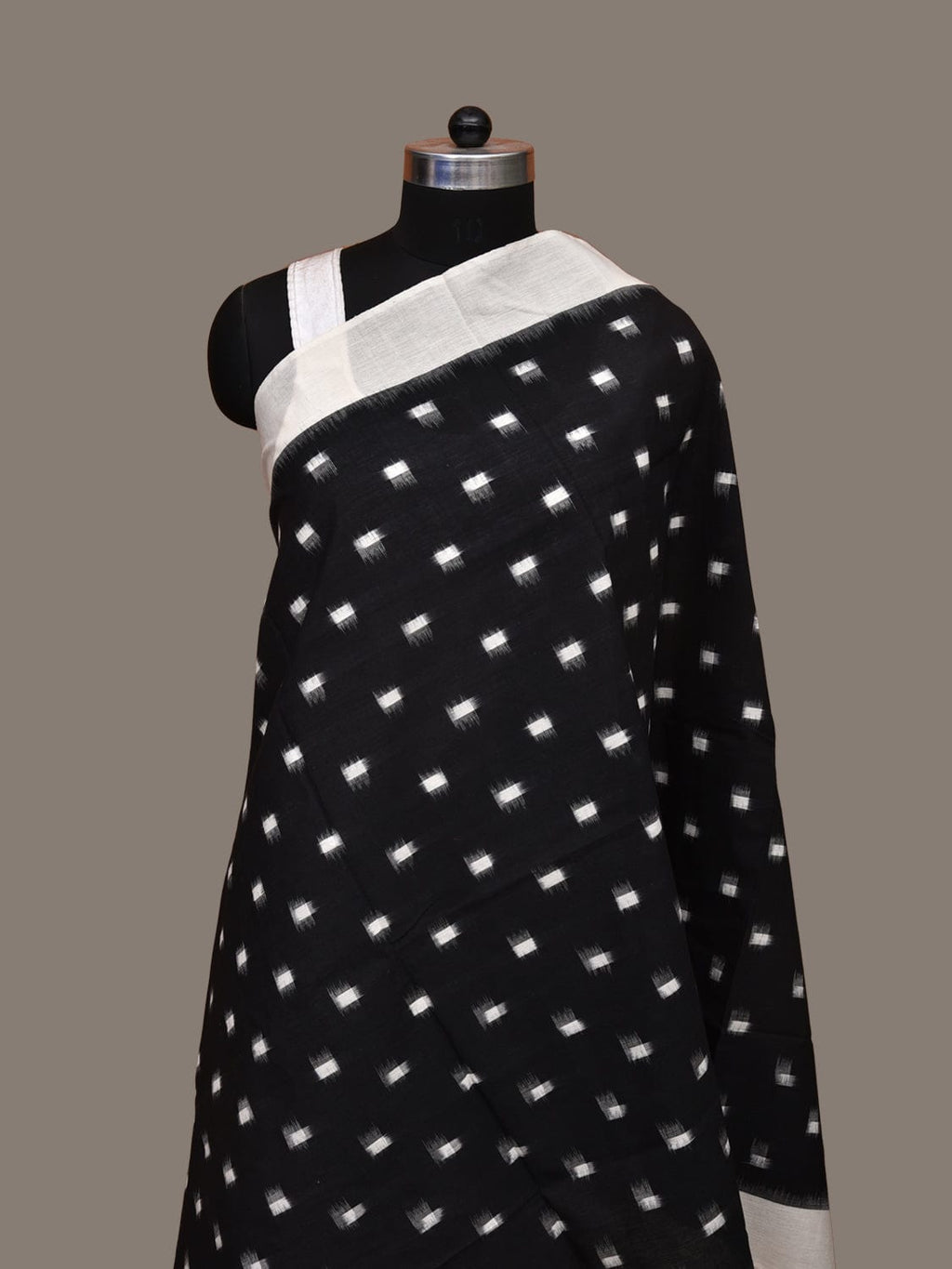 Black and White Pochampally Ikat Cotton Handloom Dupatta with Dots Design - Global Threads