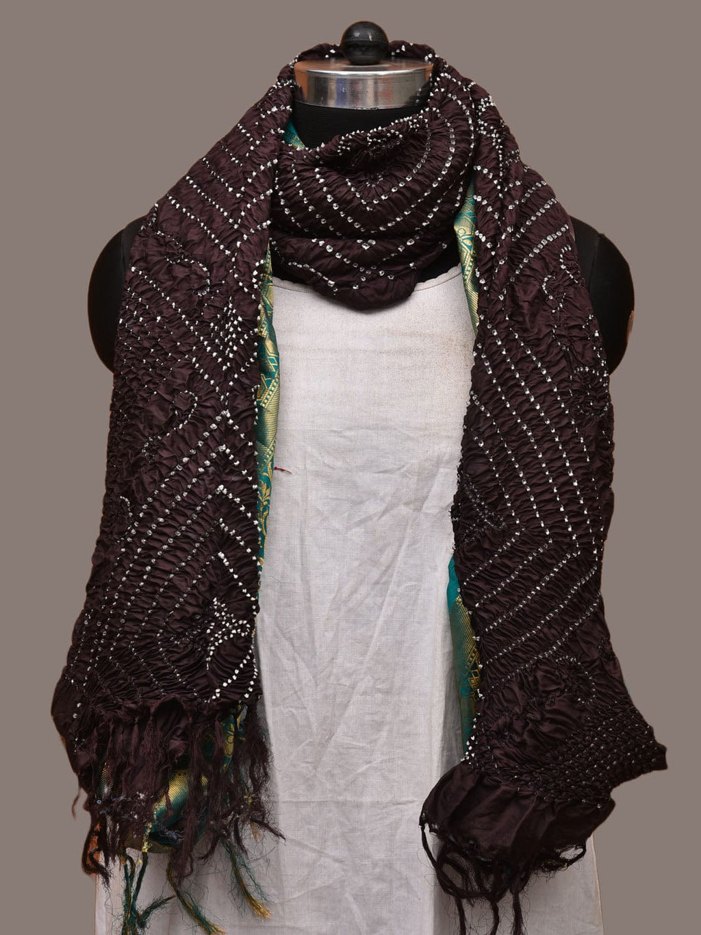 Black Bandhani Kanchipuram Silk Handloom Dupatta with Border Design - Global Threads