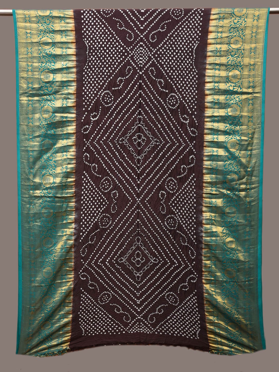 Black Bandhani Kanchipuram Silk Handloom Dupatta with Border Design - Global Threads