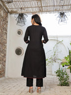 Yufta Black Cotton A Line Gathered Or Pleated Kurta Dupatta Set - Distacart