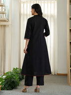 Yufta Black Cotton A Line Mandarin Collar Gathered Kurta Dupatta Set - Distacart