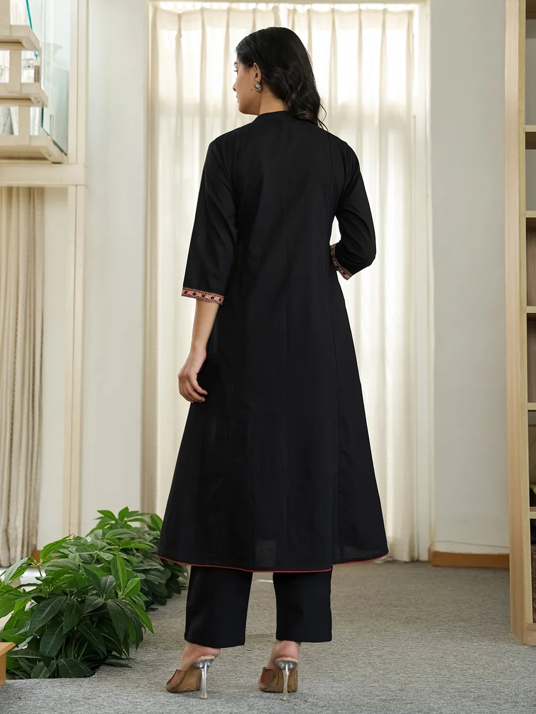 Yufta Black Cotton A Line Mandarin Collar Gathered Kurta Dupatta Set - Distacart