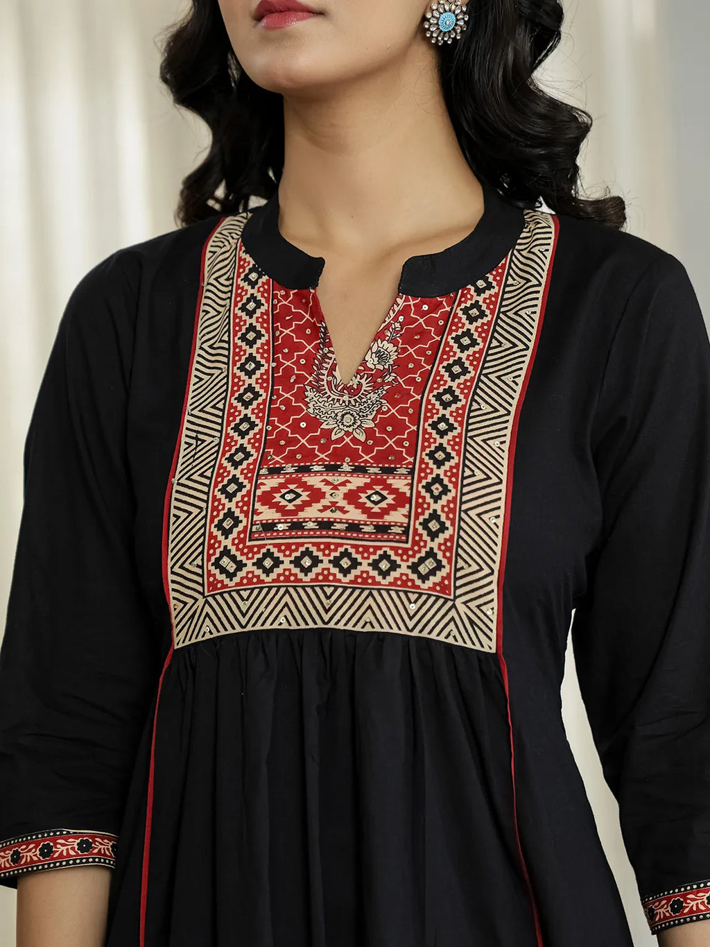 Yufta Black Cotton A Line Mandarin Collar Gathered Kurta Dupatta Set - Distacart