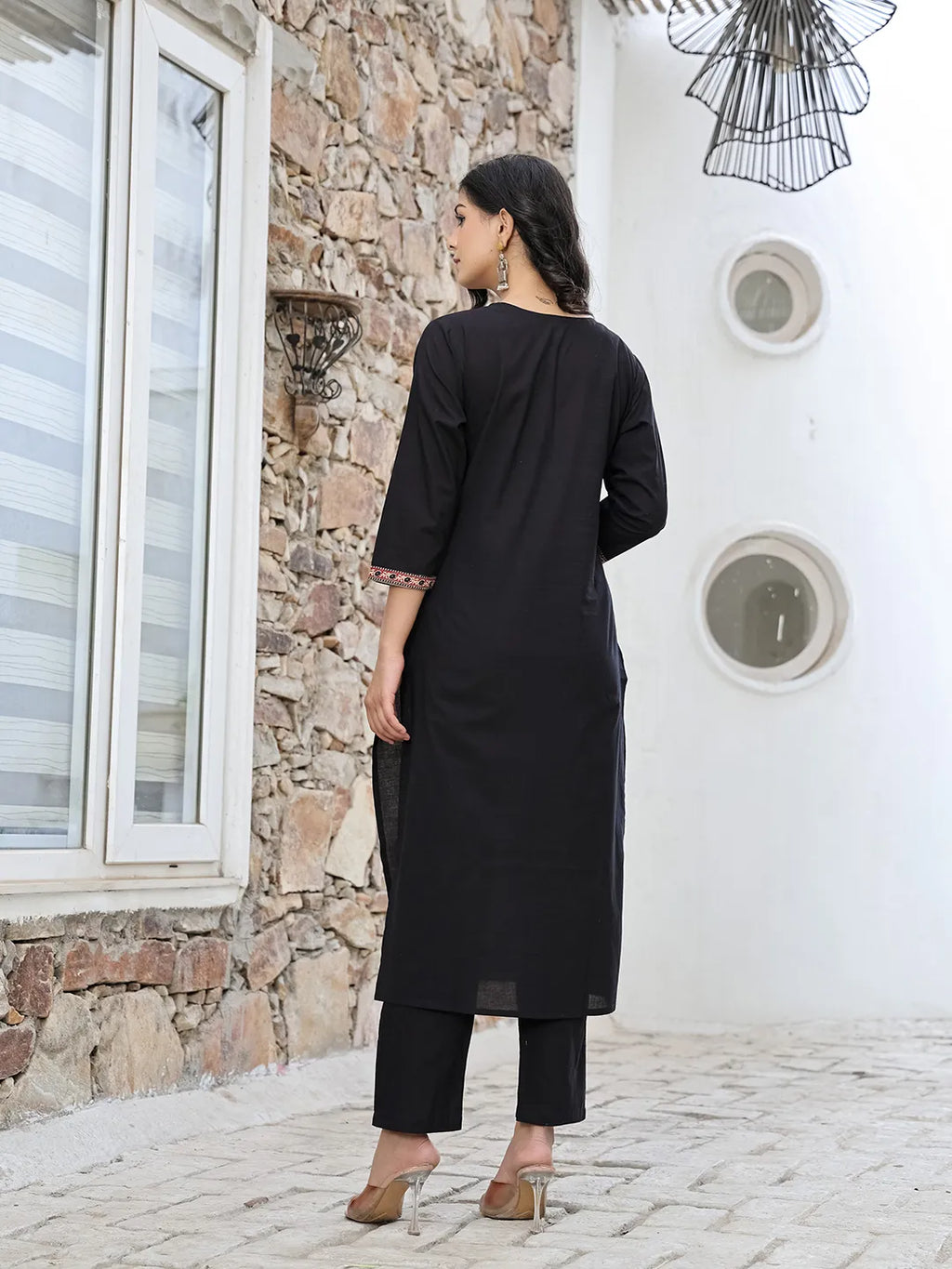 Yufta Black Cotton Sequins Work Straight Kurta Set - Distacart