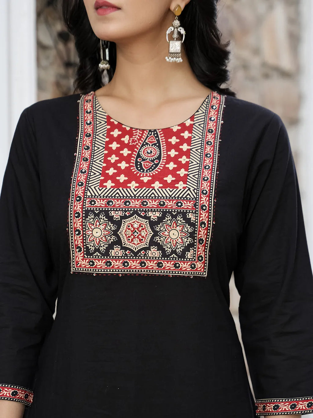 Yufta Black Cotton Sequins Work Straight Kurta Set - Distacart