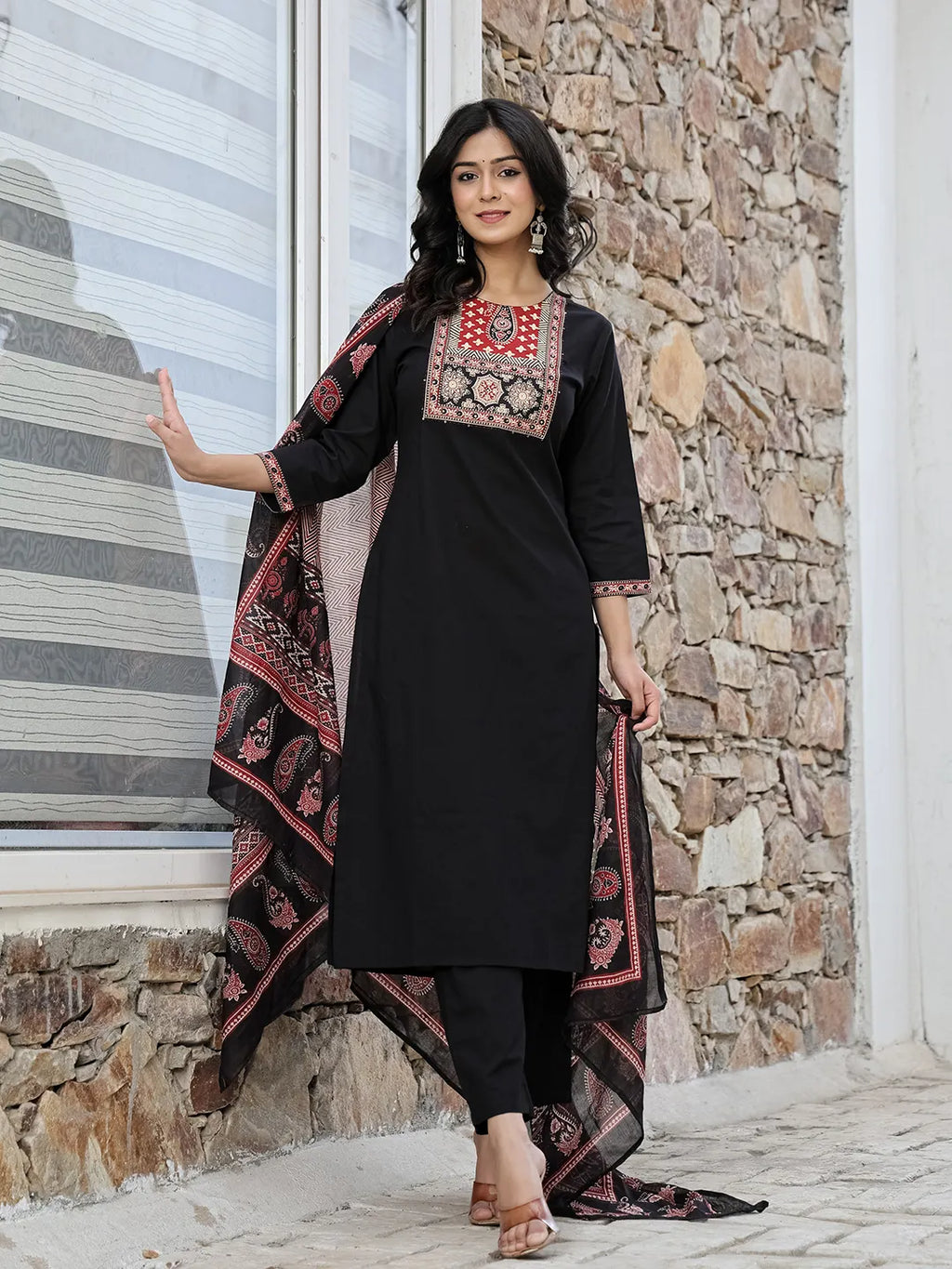 Yufta Black Cotton Sequins Work Straight Kurta Set - Distacart