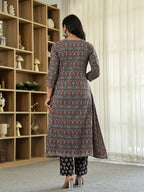 Yufta Black Ethnic Motifs A-Line Kurta Trouser Dupatta Set With Bucket Neck - Distacart