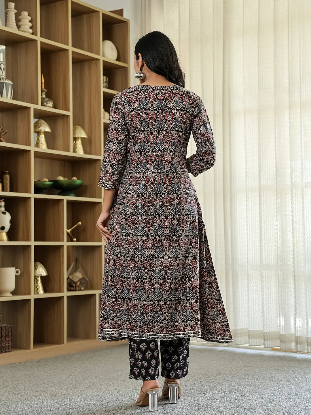 Yufta Black Ethnic Motifs A-Line Kurta Trouser Dupatta Set With Bucket Neck - Distacart