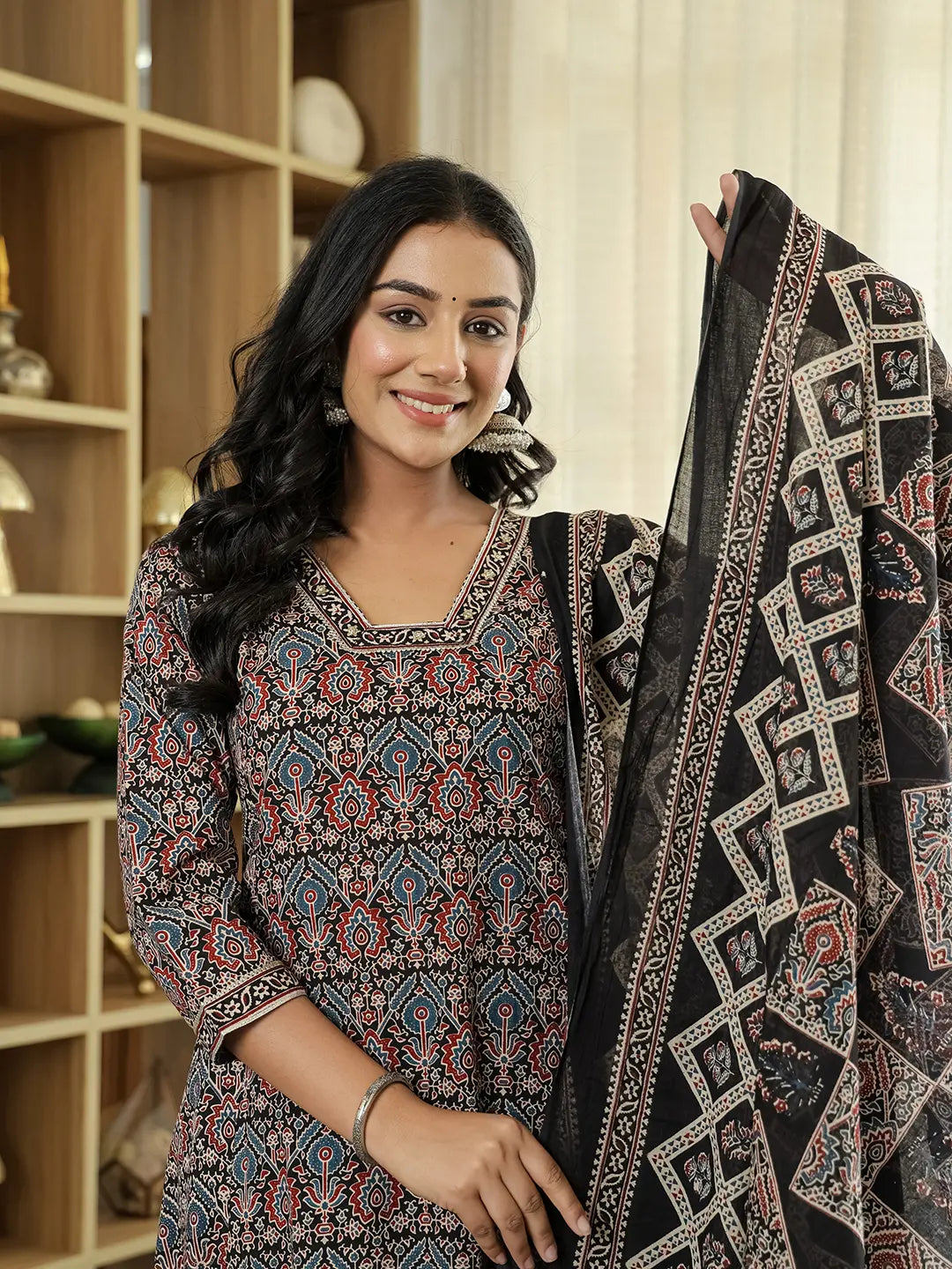 Yufta Black Ethnic Motifs A-Line Kurta Trouser Dupatta Set With Bucket Neck - Distacart