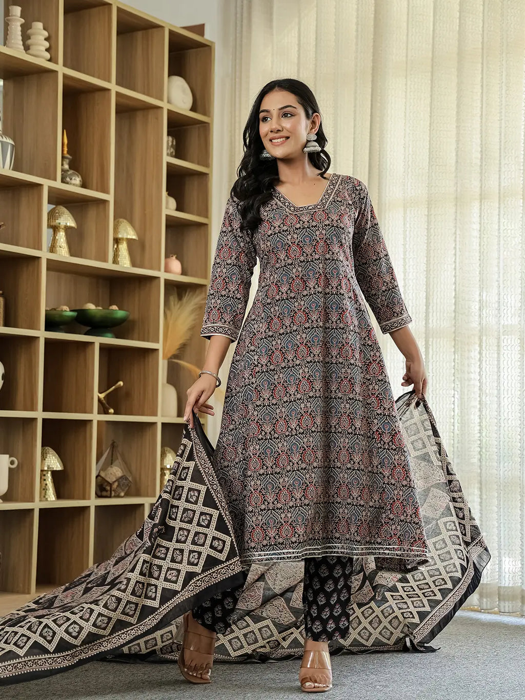 Yufta Black Ethnic Motifs A-Line Kurta Trouser Dupatta Set With Bucket Neck - Distacart
