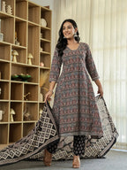 Yufta Black Ethnic Motifs A-Line Kurta Trouser Dupatta Set With Bucket Neck - Distacart