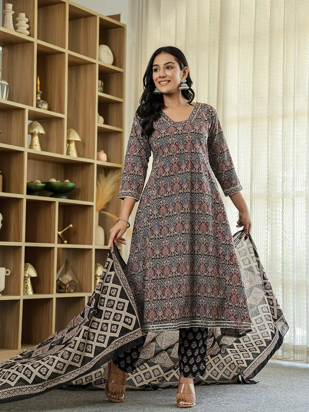Yufta Black Ethnic Motifs A-Line Kurta Trouser Dupatta Set With Bucket Neck - Distacart