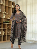 Yufta Black Ethnic Motifs A-Line Kurta Trouser Dupatta Set With Bucket Neck - Distacart