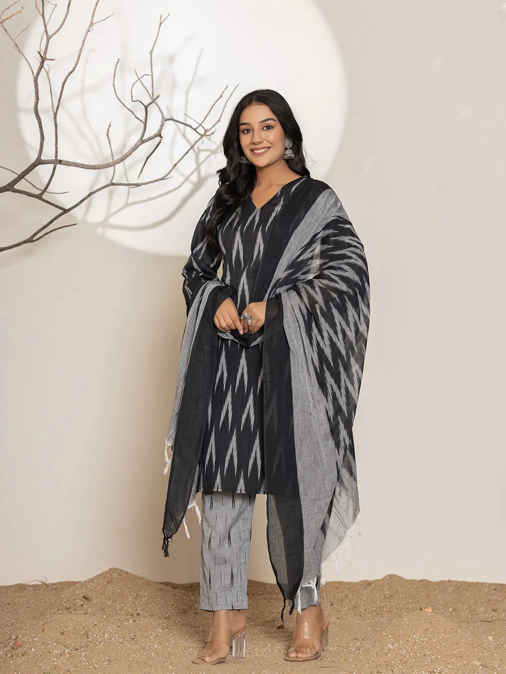 Yufta Black Ikat Print Cotton Straight Kurta Dupatta Set