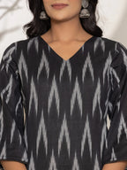 Yufta Black Ikat Print Cotton Straight Kurta Dupatta Set