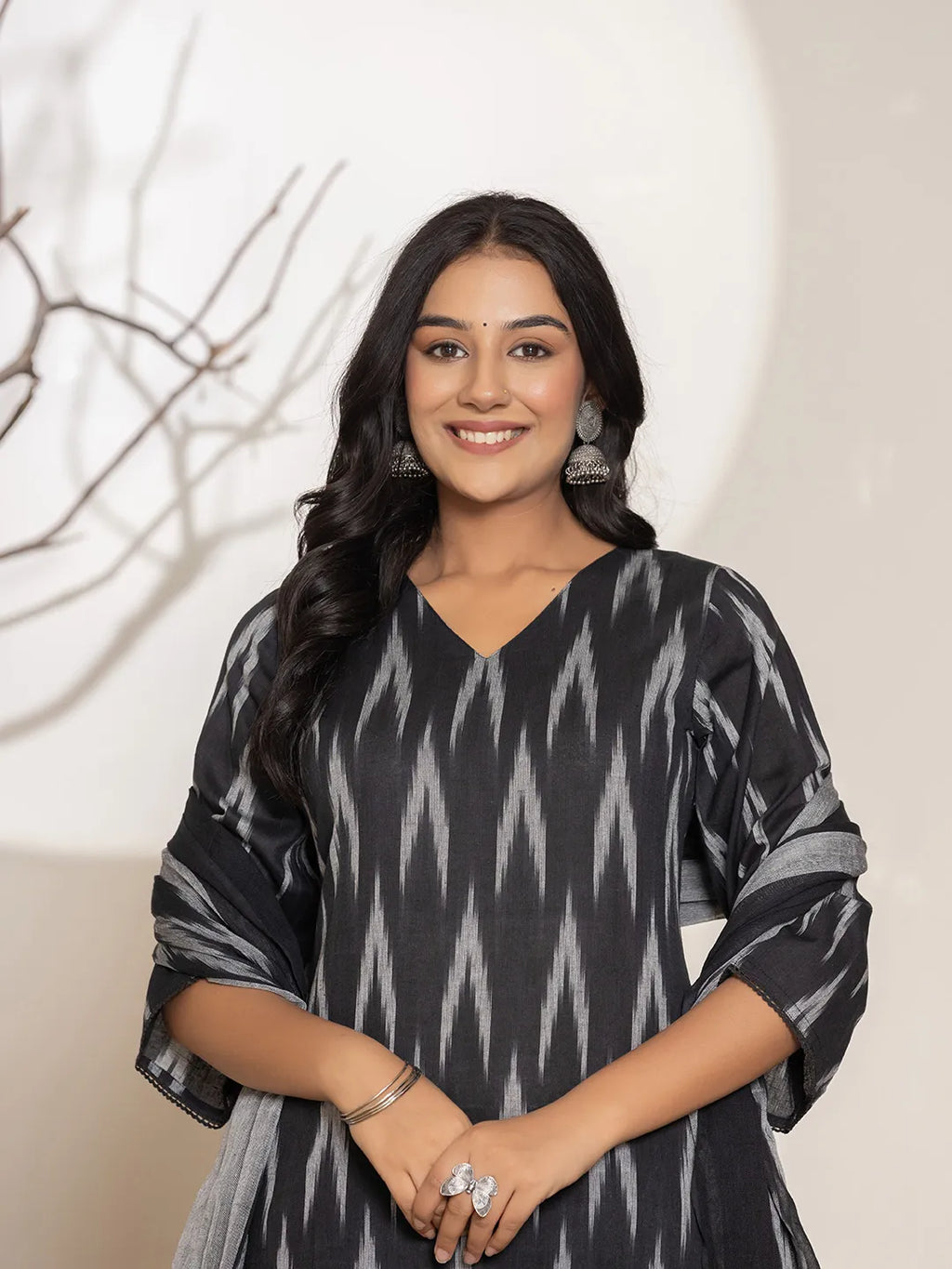 Yufta Black Ikat Print Cotton Straight Kurta Dupatta Set