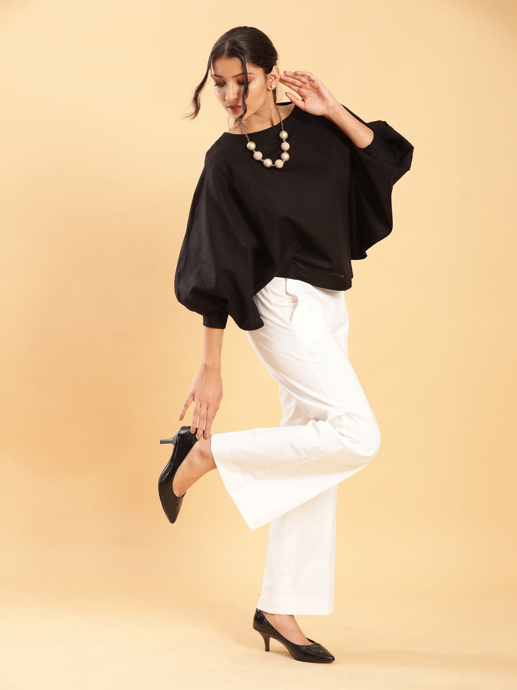 BohoJazz Can Never Go Wrong - Black Kimono Top with White Bell Bottom Co-ord Set - Distacart