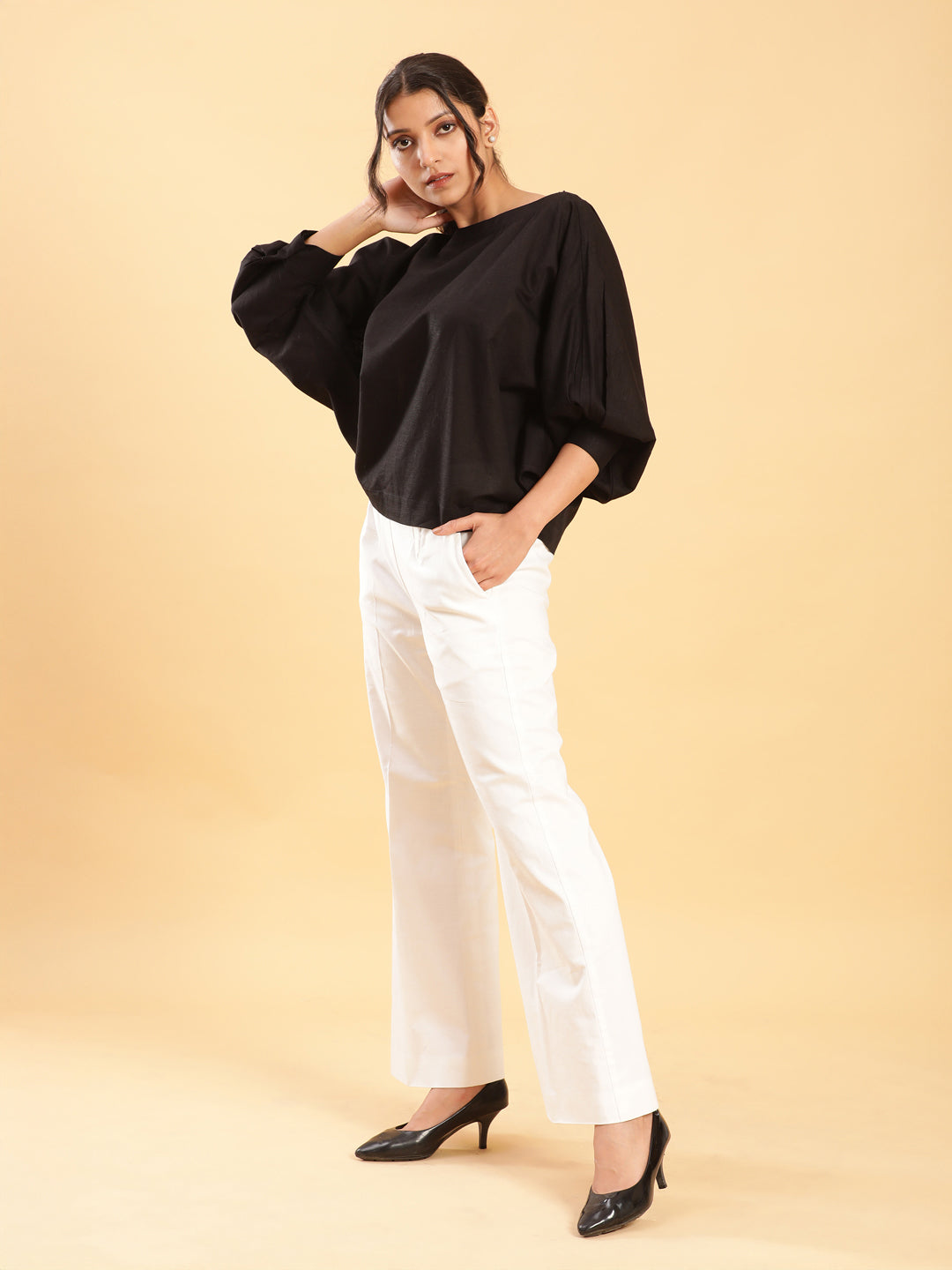 BohoJazz Can Never Go Wrong - Black Kimono Top with White Bell Bottom Co-ord Set - Distacart