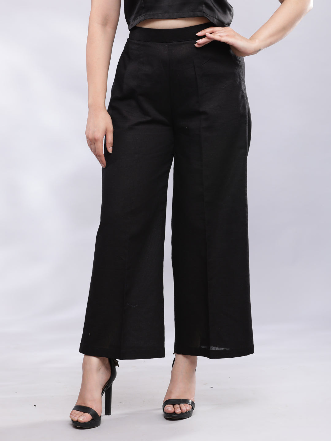 BohoJazz Black Linen Cropped Trousers with Flare - Distacart
