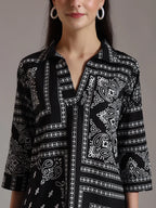 Yufta Black Pure Cotton Boho Printed Top