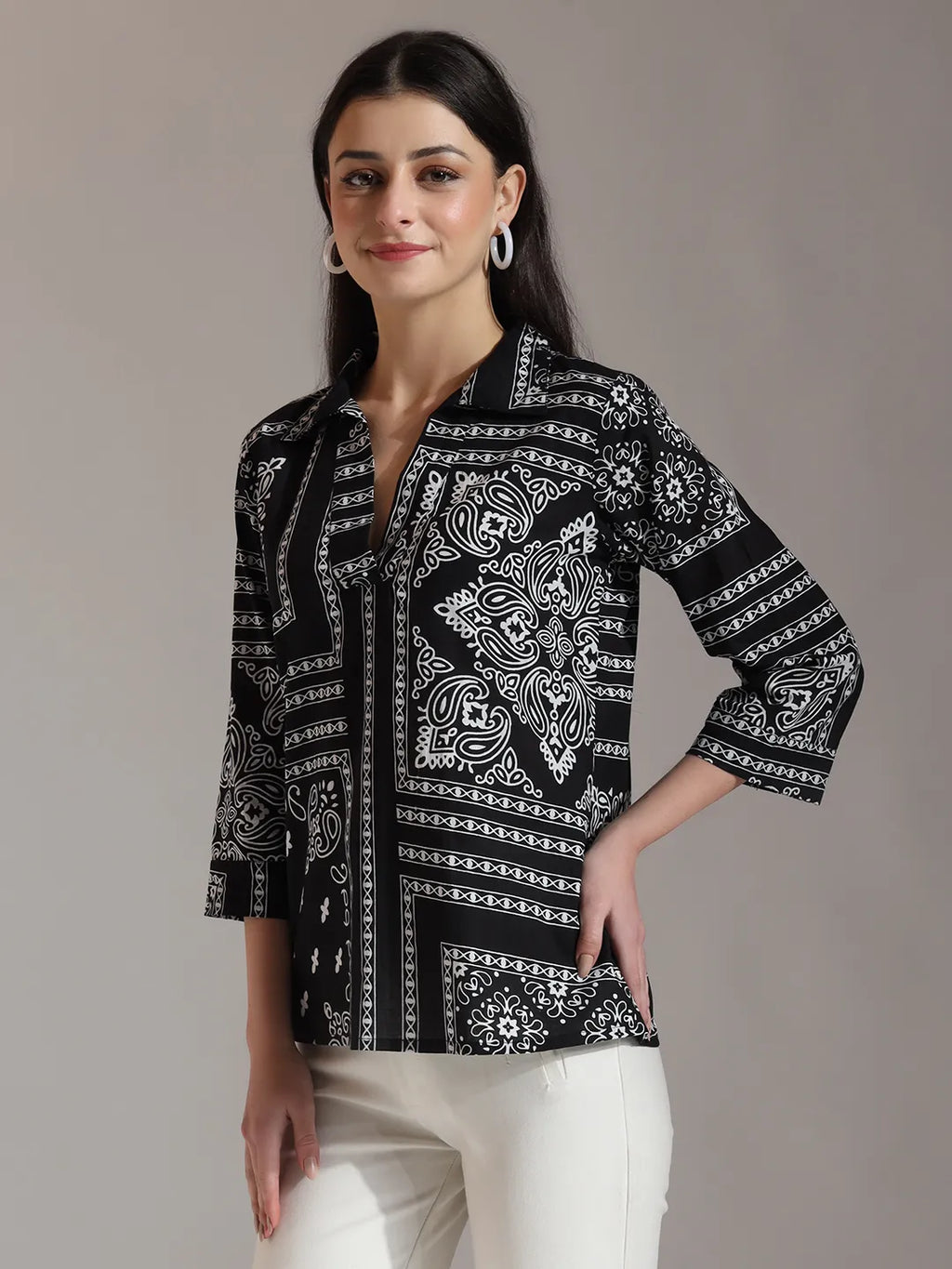 Yufta Black Pure Cotton Boho Printed Top