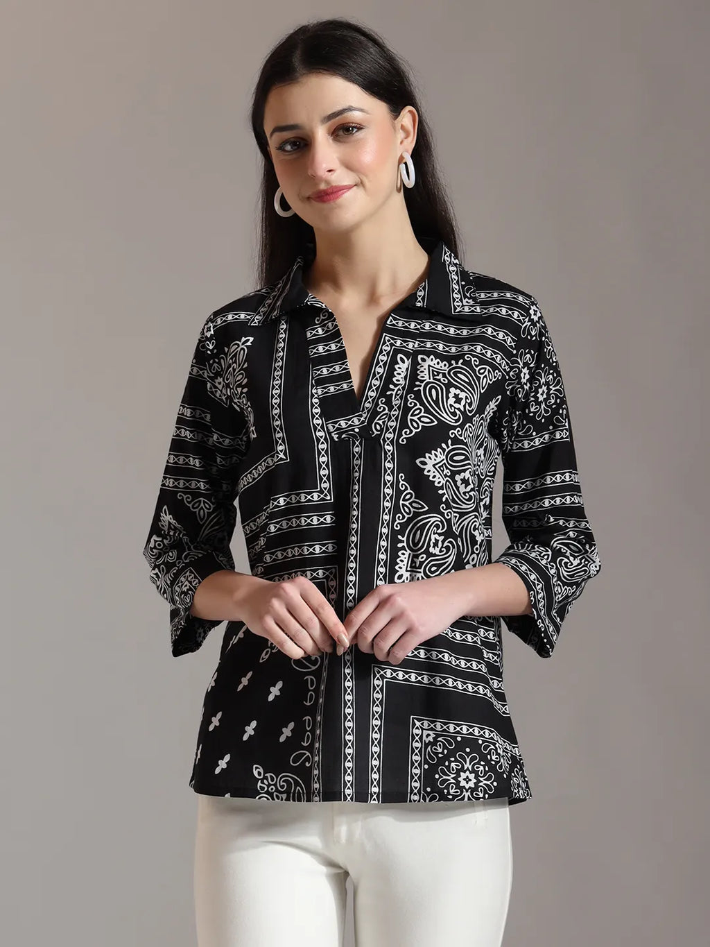 Yufta Black Pure Cotton Boho Printed Top
