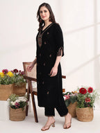 Yufta Black Straight Embroidery Kurta And Trouser With Dupatta Set - Distacart