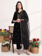 Yufta Black Straight Embroidery Kurta And Trouser With Dupatta Set - Distacart