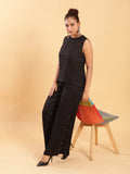 BohoJazz Black self stripe Top with Flared Pants with Side Slits Co-ord Set - Distacart