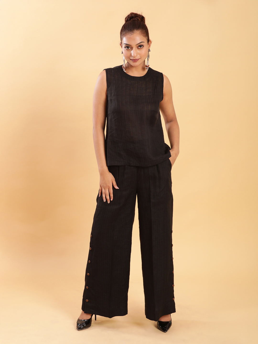 BohoJazz Black self stripe Top with Flared Pants with Side Slits Co-ord Set - Distacart