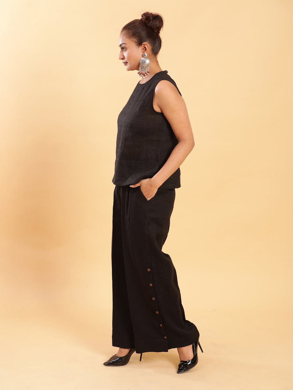 BohoJazz Black self stripe Top with Flared Pants with Side Slits Co-ord Set - Distacart