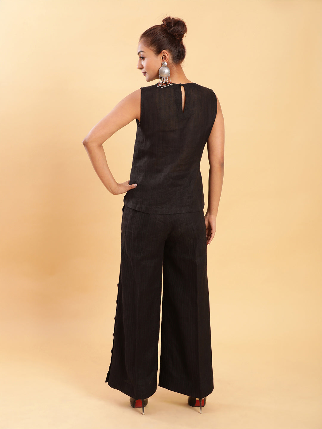 BohoJazz Black self stripe Top with Flared Pants with Side Slits Co-ord Set - Distacart