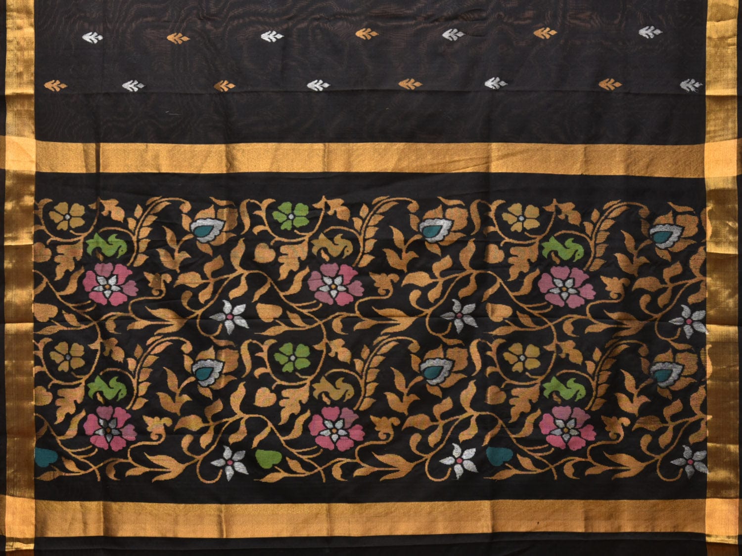 Black Uppada Silk Handloom Saree with Floral Pallu Design - Global Threads
