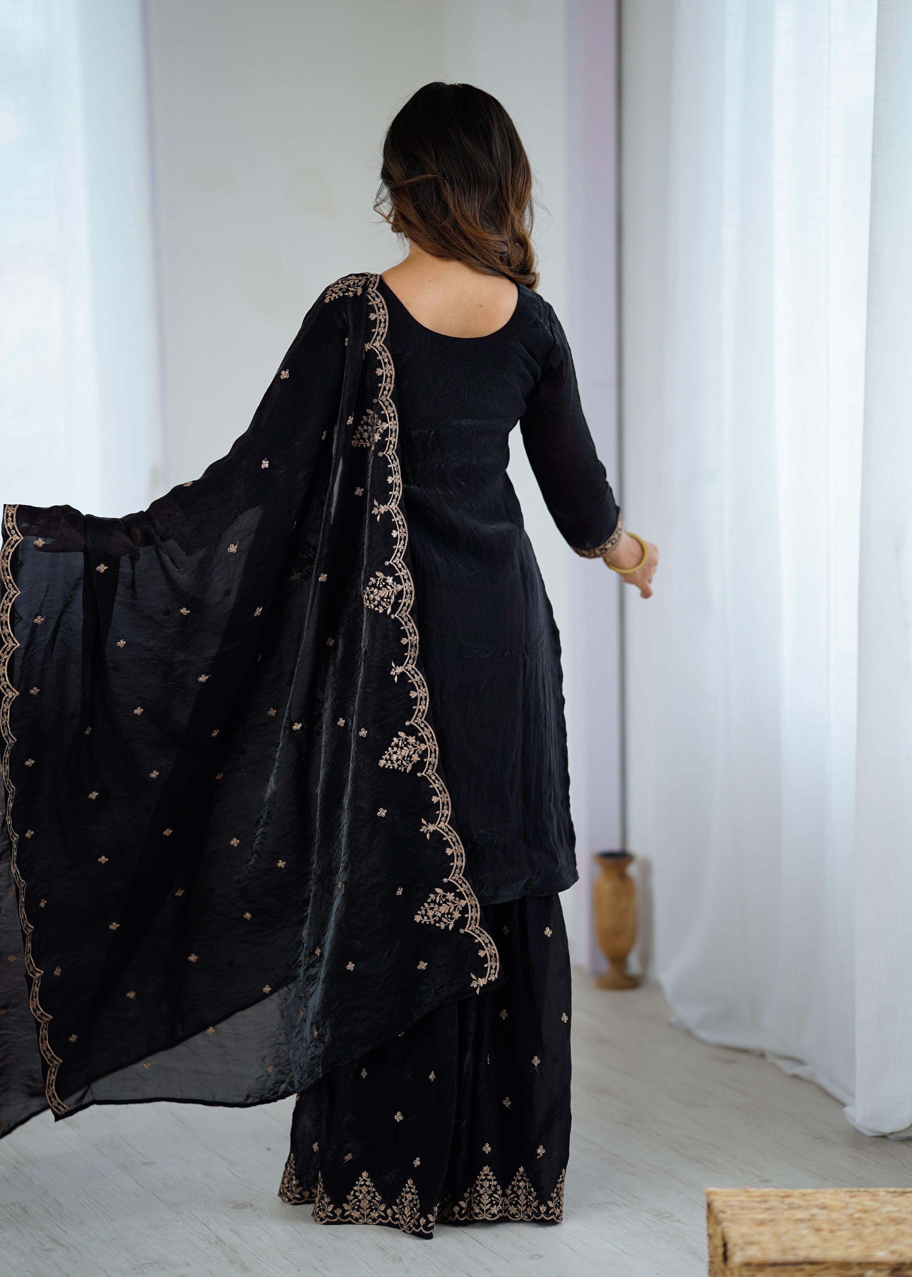 Evanik Black Pure Crunchy Silk With Sequence Embroidered Work Sharara Set - Distacart