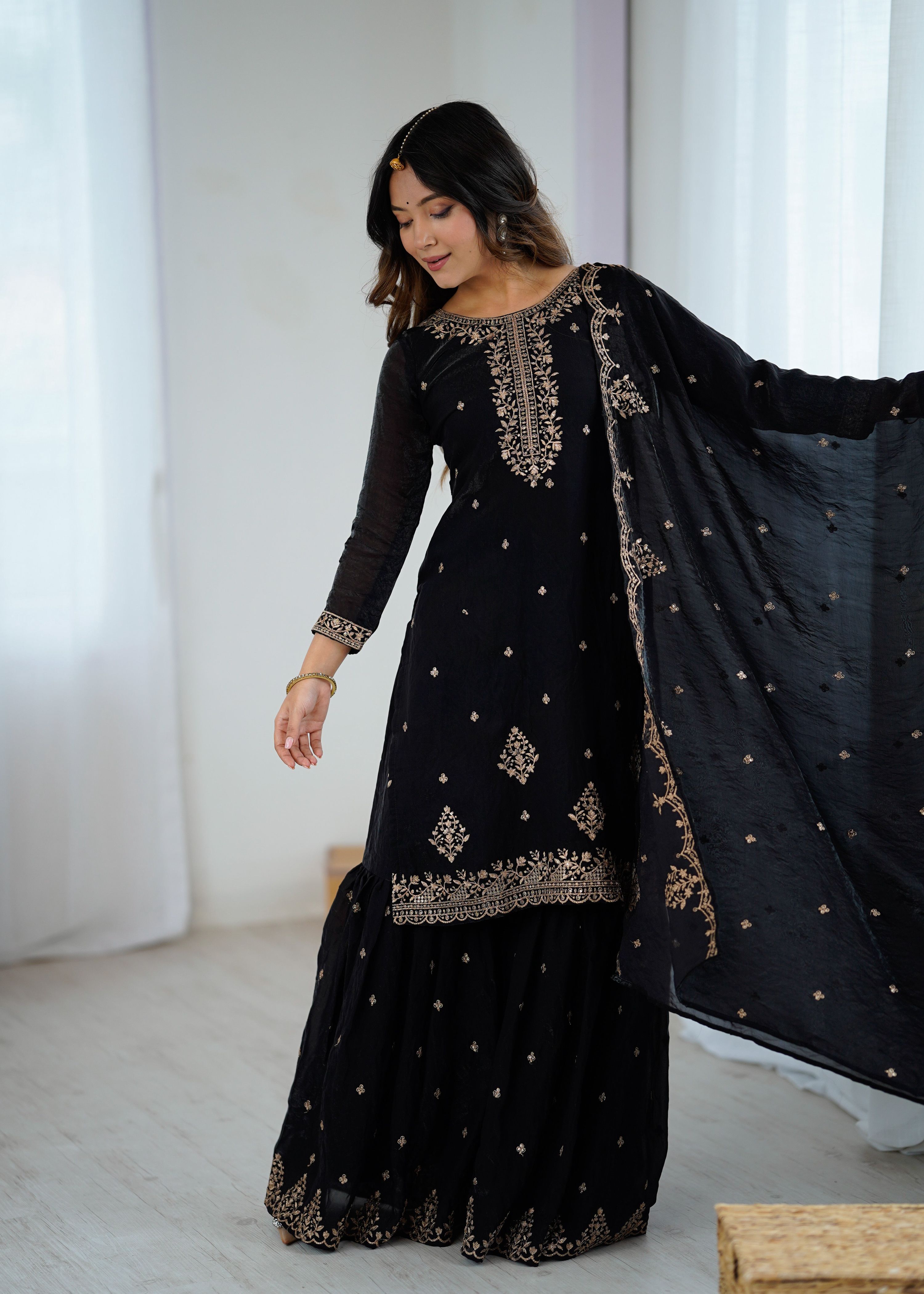 Evanik Black Pure Crunchy Silk With Sequence Embroidered Work Sharara Set - Distacart