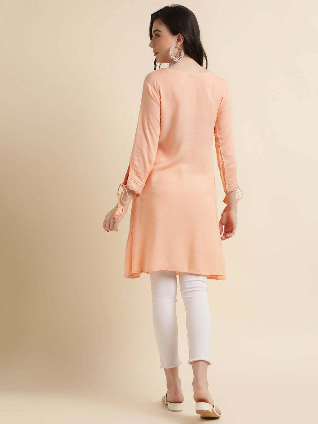 Peach Poly Cotton Yoke Embroidered A-line Top - Tarini