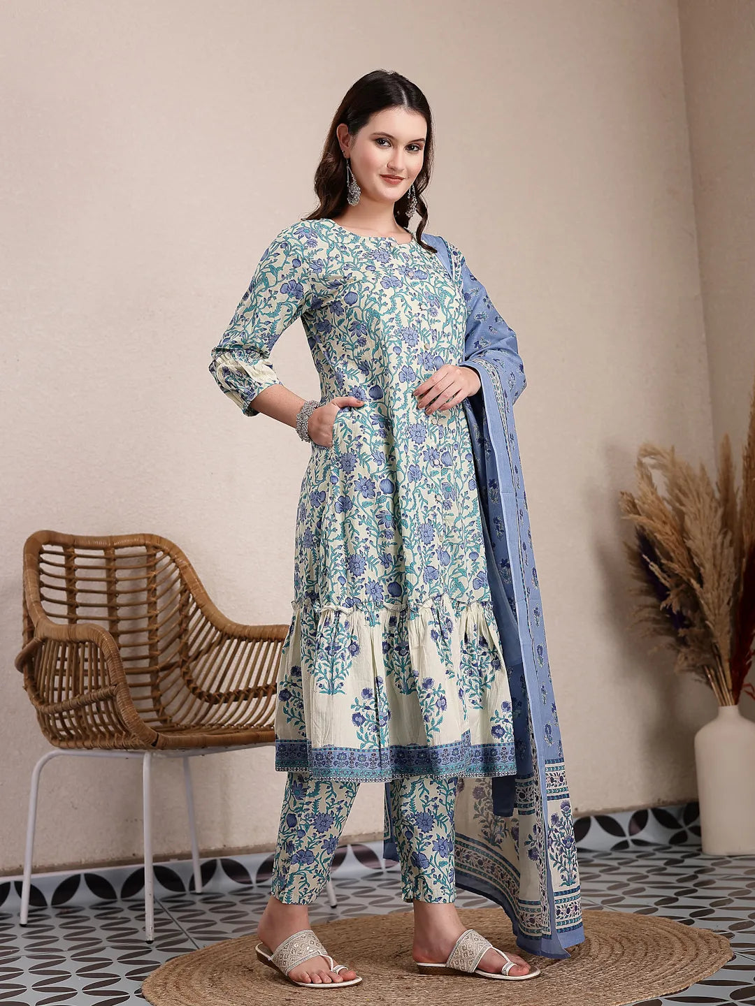 Yufta Blue And Beige Pure Cotton Floral Print Tiered Kurta Dupatta Set
