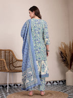 Yufta Blue And Beige Pure Cotton Floral Print Tiered Kurta Dupatta Set