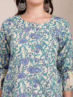 Yufta Blue And Beige Pure Cotton Floral Print Tiered Kurta Dupatta Set