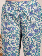 Yufta Blue And Beige Pure Cotton Floral Print Tiered Kurta Dupatta Set
