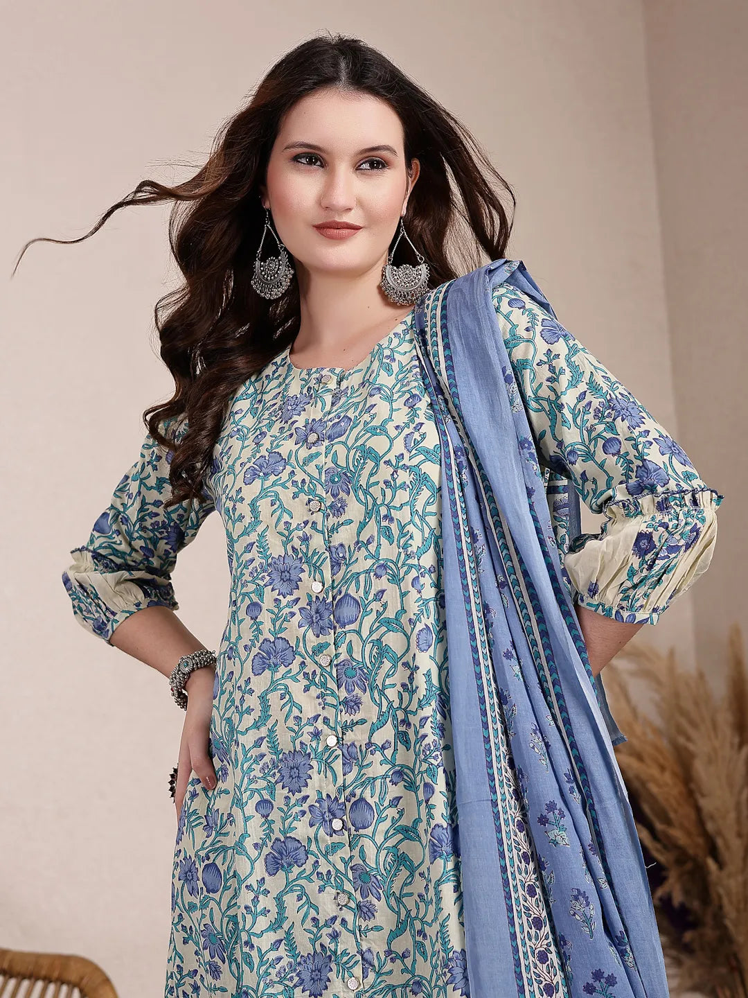 Yufta Blue And Beige Pure Cotton Floral Print Tiered Kurta Dupatta Set