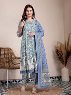 Yufta Blue And Beige Pure Cotton Floral Print Tiered Kurta Dupatta Set