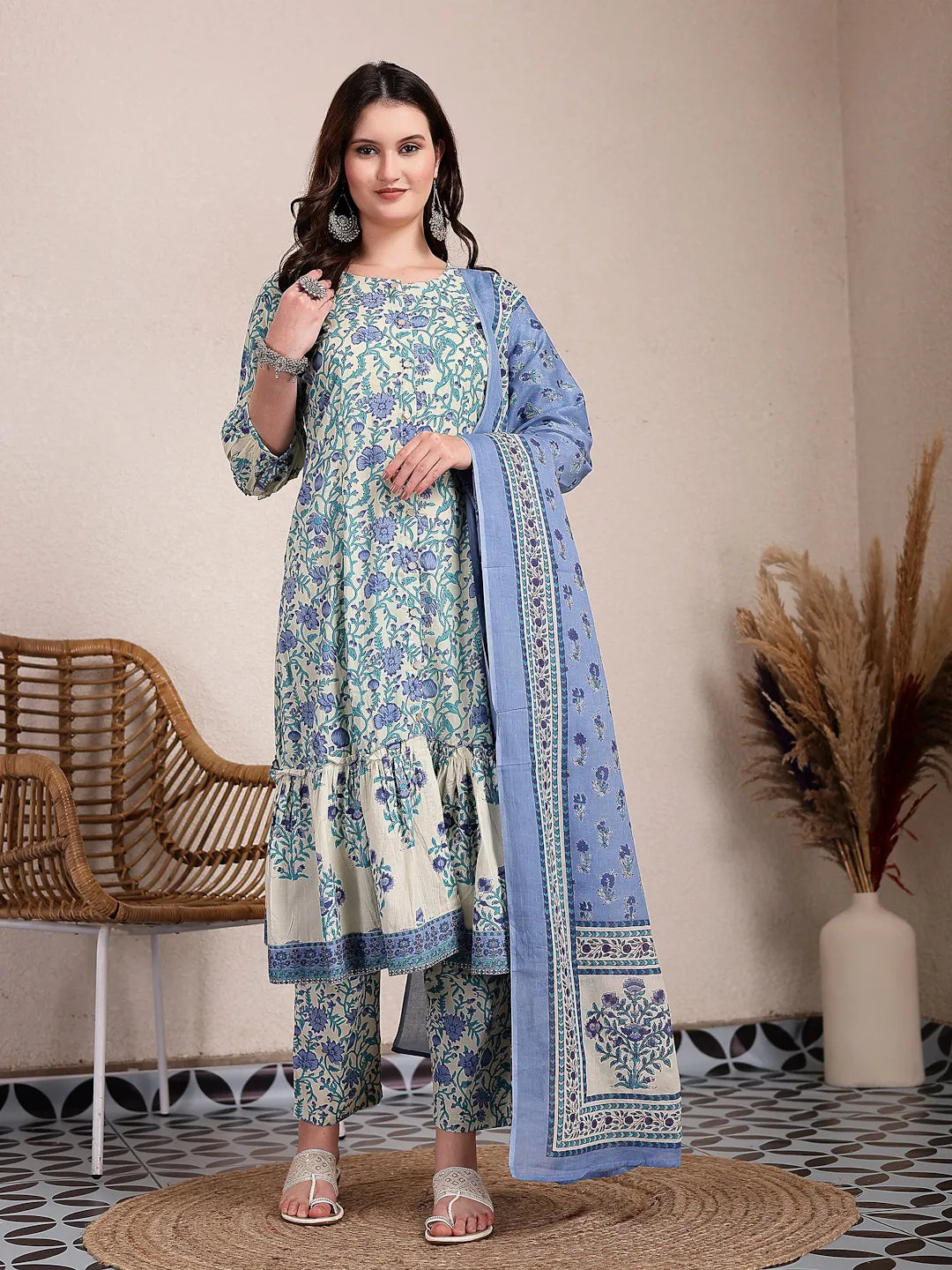 Yufta Blue And Beige Pure Cotton Floral Print Tiered Kurta Dupatta Set