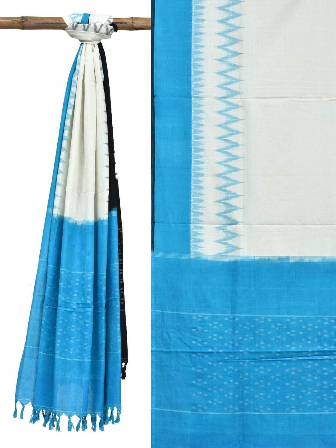 Blue and Black Pochampally Ikat Cotton Handloom Dupatta with Ganga-Jamuna Border - Global Threads